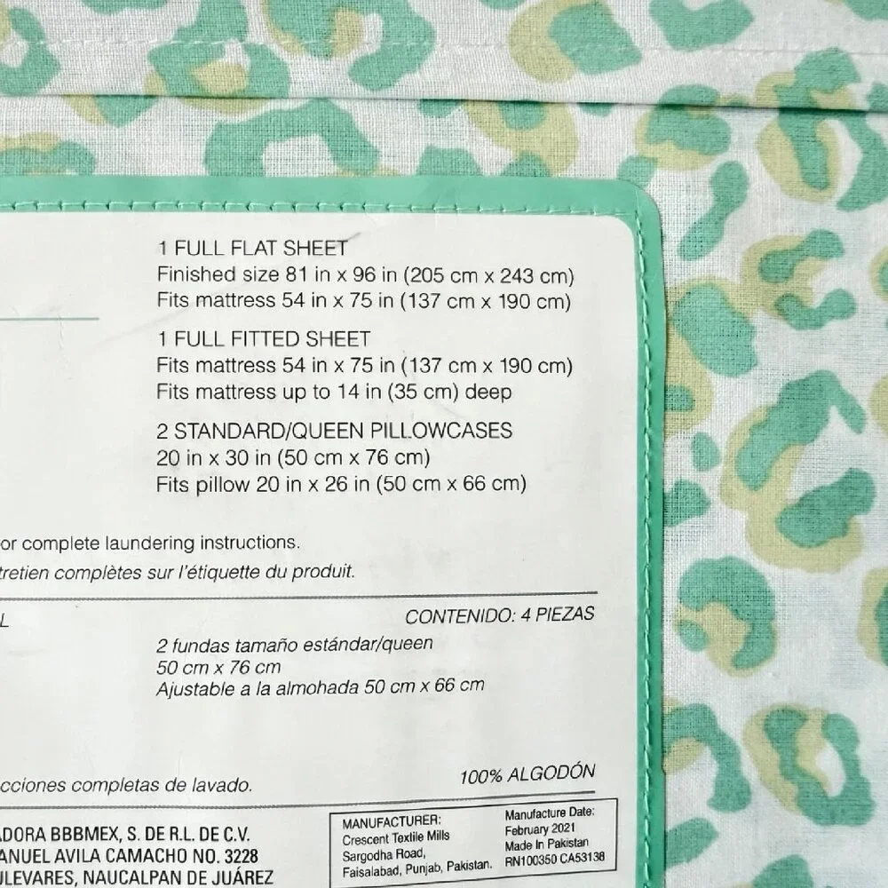 new Marmalade brand Lightweight 100% Cotton Full Sheet Set in Mint Green Leopard